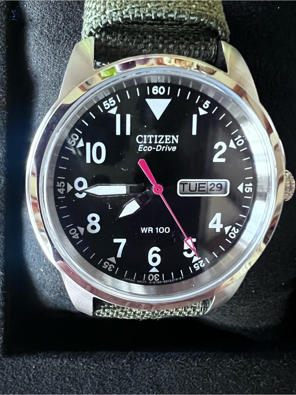 Citizen Eco-Drive Black Dial Watch with Pink Second Hand and Olive Strap